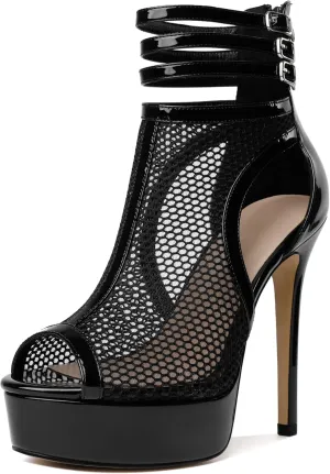 Joseywade Women Mesh Fishnet Dance Heels Peep Toe Booties Sexy Summer Boots Platform Stiletto High Heels Shoes With Zipper