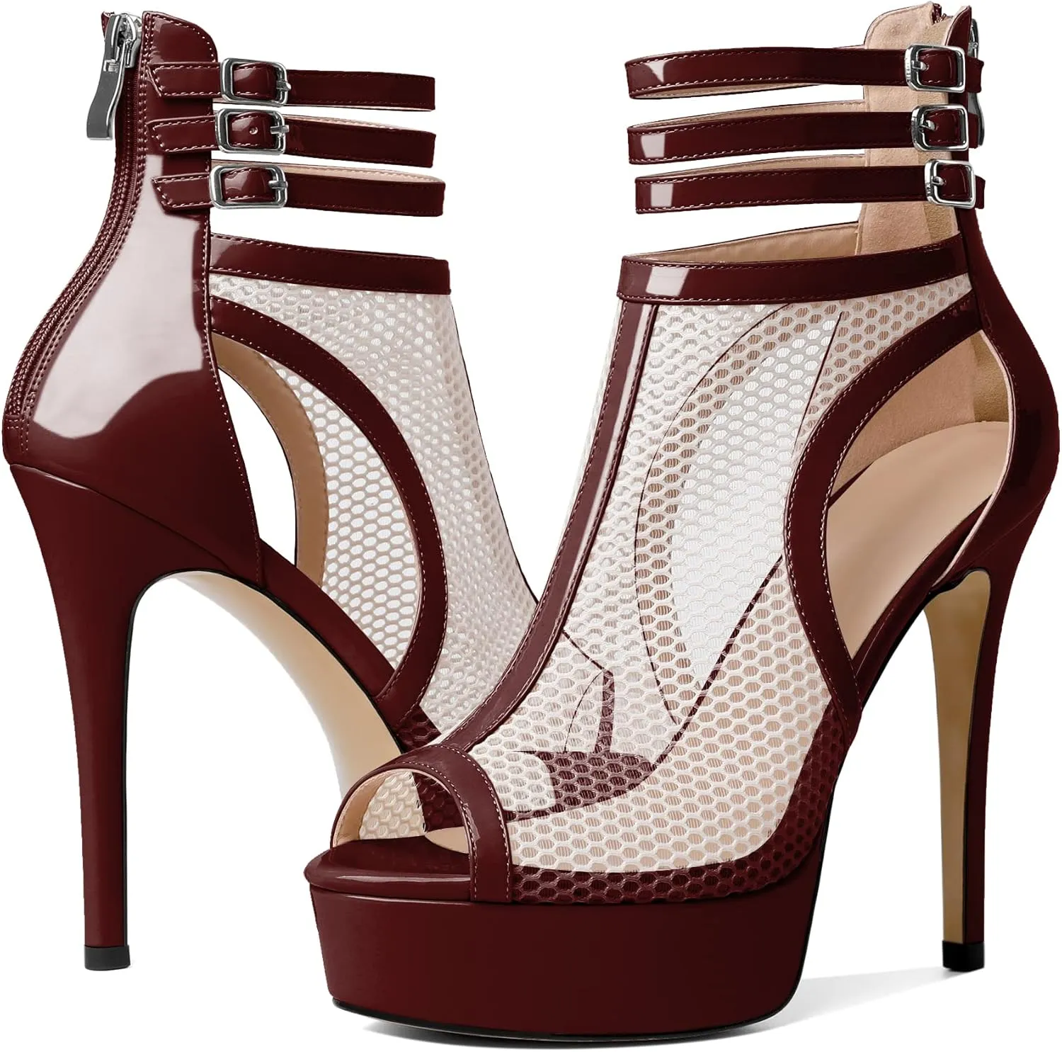Joseywade Women Mesh Fishnet Dance Heels Peep Toe Booties Sexy Summer Boots Platform Stiletto High Heels Shoes With Zipper