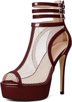 Joseywade Women Mesh Fishnet Dance Heels Peep Toe Booties Sexy Summer Boots Platform Stiletto High Heels Shoes With Zipper