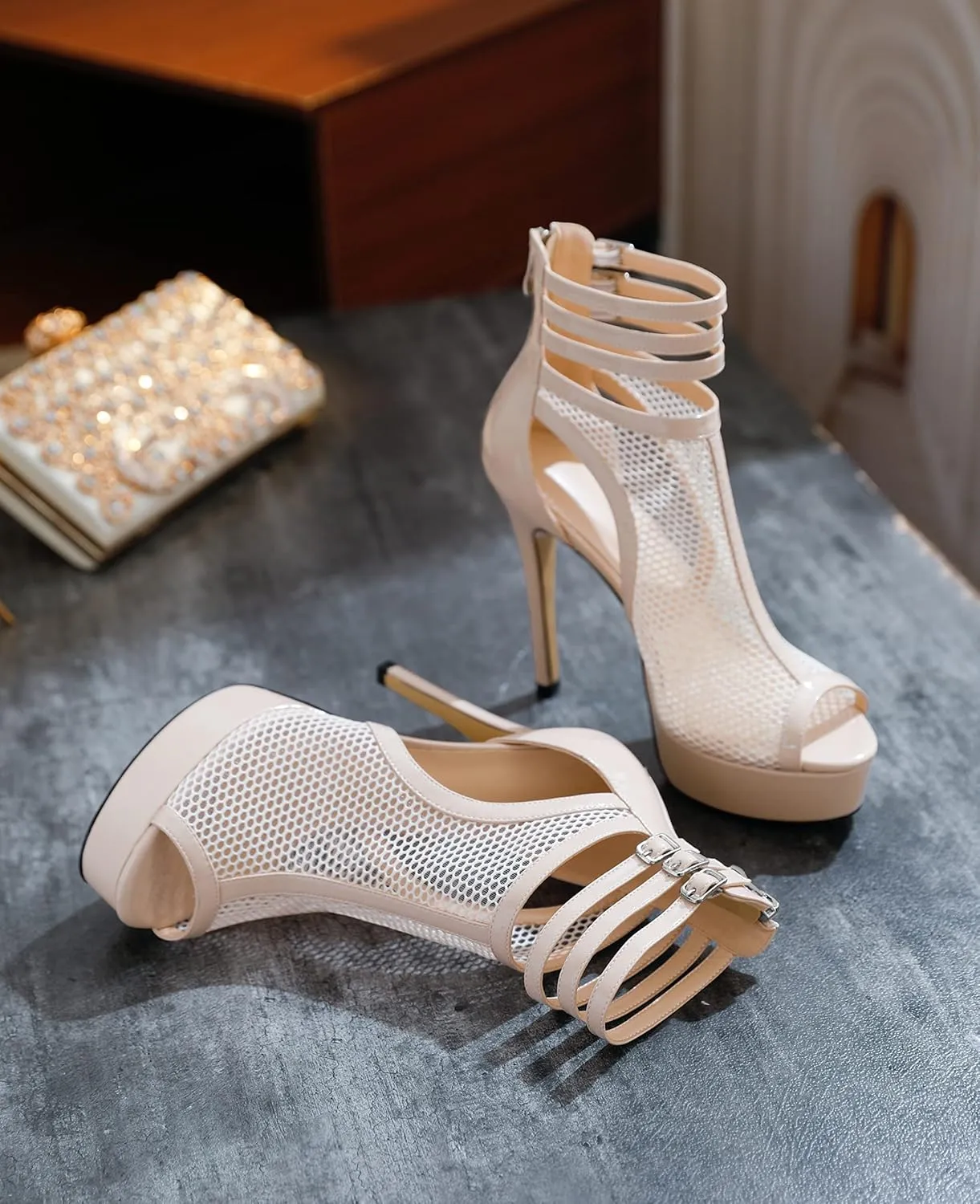 Joseywade Women Mesh Fishnet Dance Heels Peep Toe Booties Sexy Summer Boots Platform Stiletto High Heels Shoes With Zipper