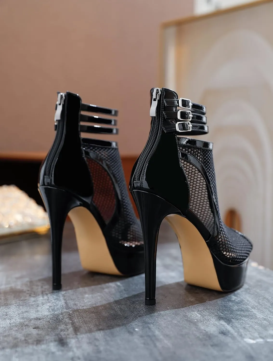 Joseywade Women Mesh Fishnet Dance Heels Peep Toe Booties Sexy Summer Boots Platform Stiletto High Heels Shoes With Zipper