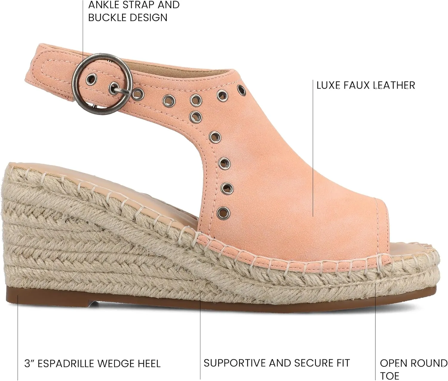 Journee Womens cushioned footbed Crisie Wedge Heel Sandals Espadrille Ankle Buckle Faux Leather Open Toe 3-4 Inch Heel