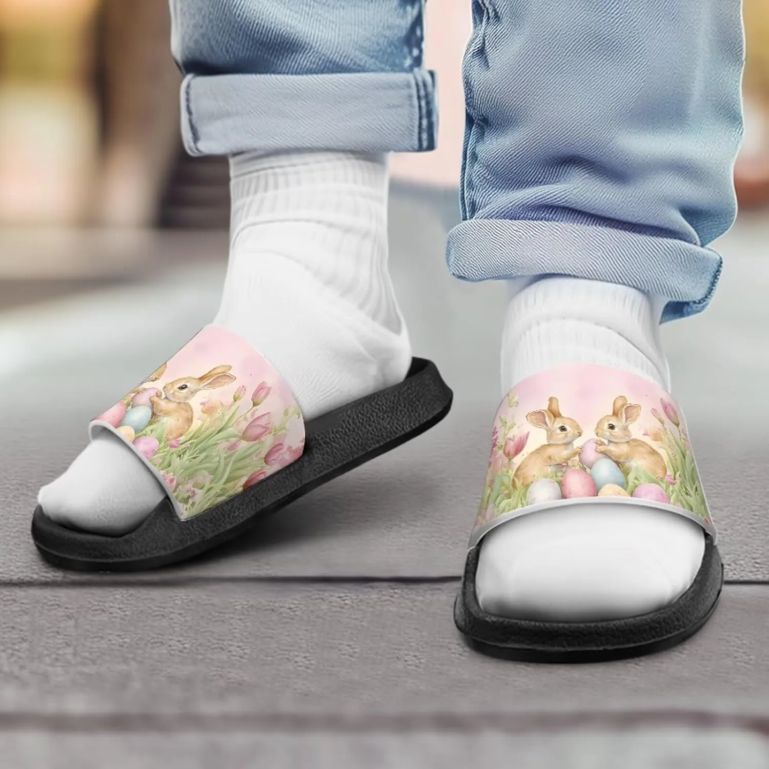 JoyLamoria Bunny Print Sandals House Slides Kids Unisex Cloud Cushioned Non-Slip Open Toe Indoor Outdoor Comfy Summer