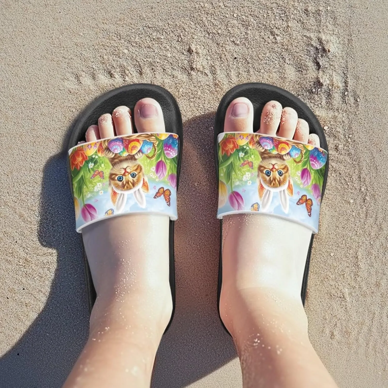 JoyLamoria Bunny Print Sandals House Slides Kids Unisex Cloud Cushioned Non-Slip Open Toe Indoor Outdoor Comfy Summer