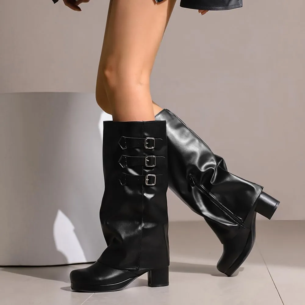 JOZHAMTA Women's Knee High Boots Chunky Heel Fold Over Motorcycle Boots Platform Block Heels With Buckle Shark Boots