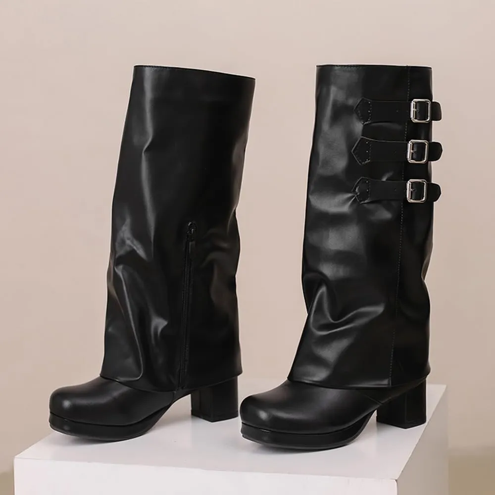 JOZHAMTA Women's Knee High Boots Chunky Heel Fold Over Motorcycle Boots Platform Block Heels With Buckle Shark Boots