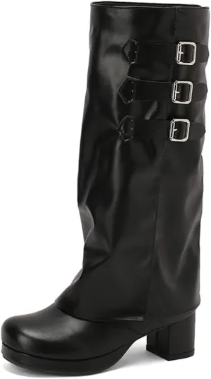 JOZHAMTA Women's Knee High Boots Chunky Heel Fold Over Motorcycle Boots Platform Block Heels With Buckle Shark Boots