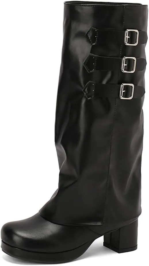 JOZHAMTA Women's Knee High Boots Chunky Heel Fold Over Motorcycle Boots Platform Block Heels With Buckle Shark Boots