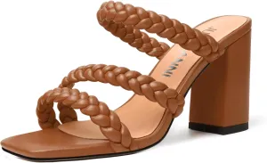 JUSTDANNI Womens Matte Fashion Dress Party Slip On Square Toe Block High Heel Heeled Sandals 3.3 Inch