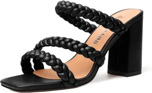JUSTDANNI Womens Matte Fashion Dress Party Slip On Square Toe Block High Heel Heeled Sandals 3.3 Inch