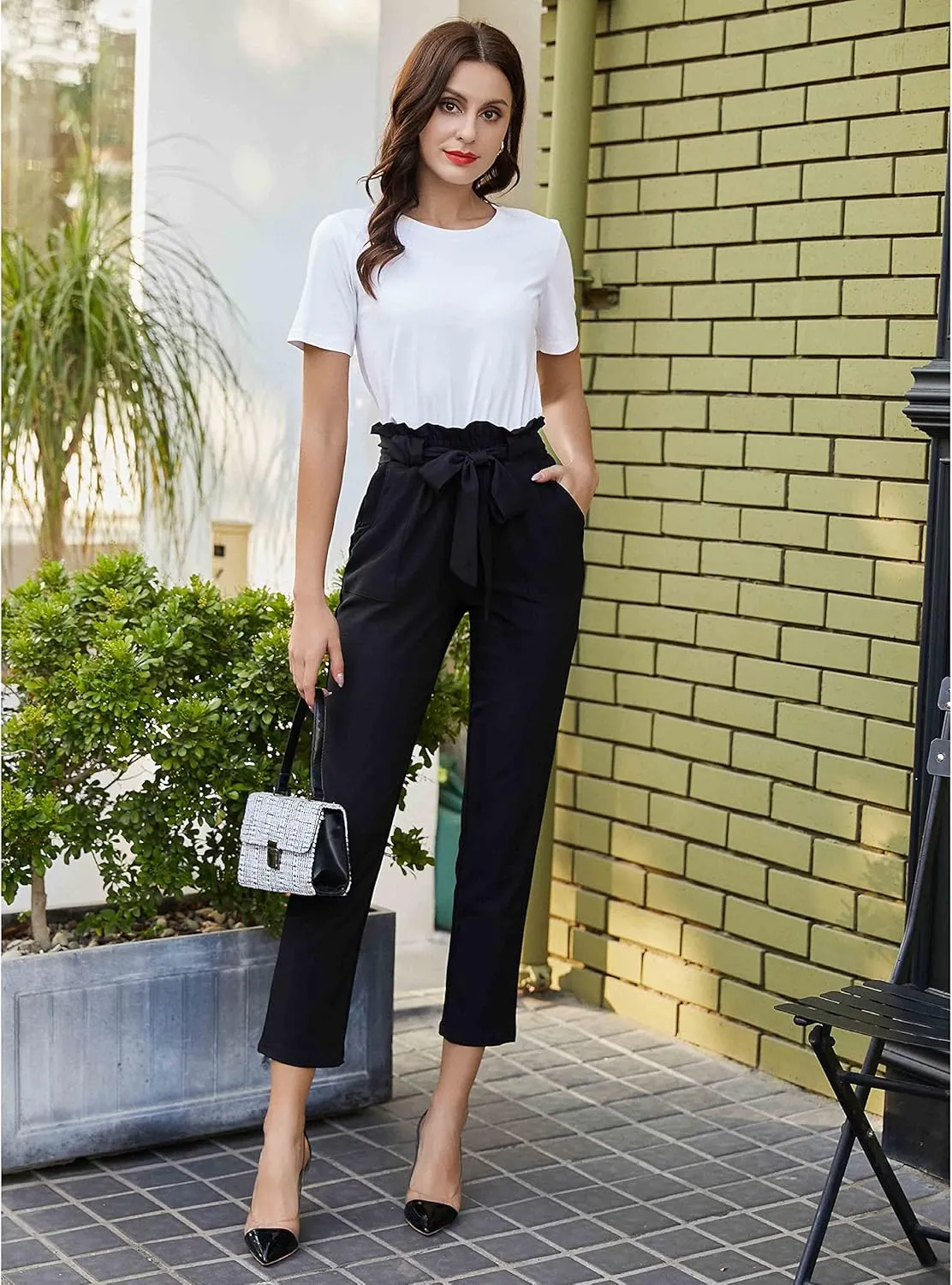 KANCY KOLE Women Paper Bag Pants High Waist with Pockets Tie Casual Cropped Trousers S-XXL
