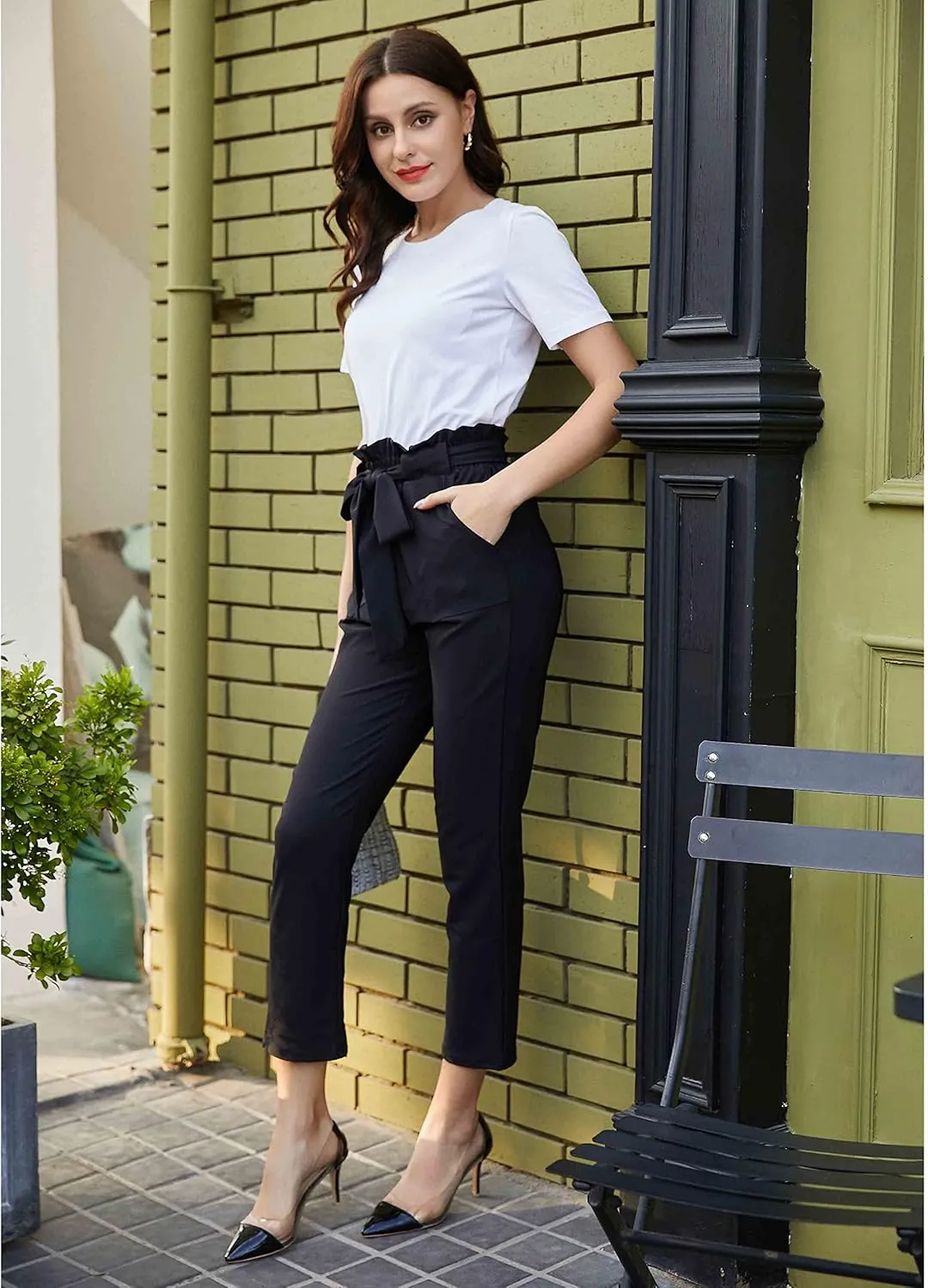 KANCY KOLE Women Paper Bag Pants High Waist with Pockets Tie Casual Cropped Trousers S-XXL