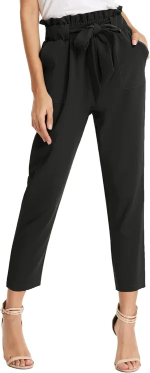 KANCY KOLE Women Paper Bag Pants High Waist with Pockets Tie Casual Cropped Trousers S-XXL
