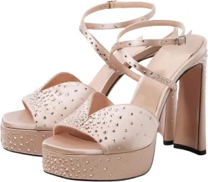 keleimusi Women's Studded Platform Chunky Heeled Sandals Square Open Toe Strappy Heels Ankle Strap Wedding Sexy Fashion Evening Party Dress Shoes