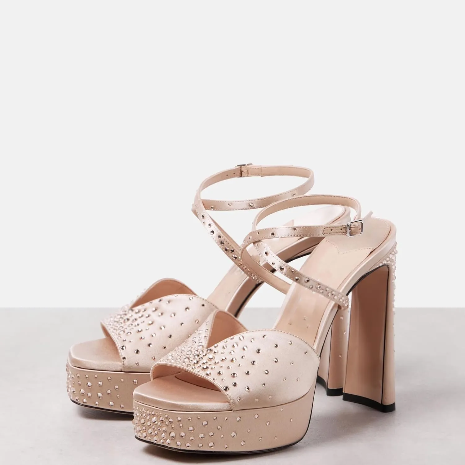 keleimusi Women's Studded Platform Chunky Heeled Sandals Square Open Toe Strappy Heels Ankle Strap Wedding Sexy Fashion Evening Party Dress Shoes