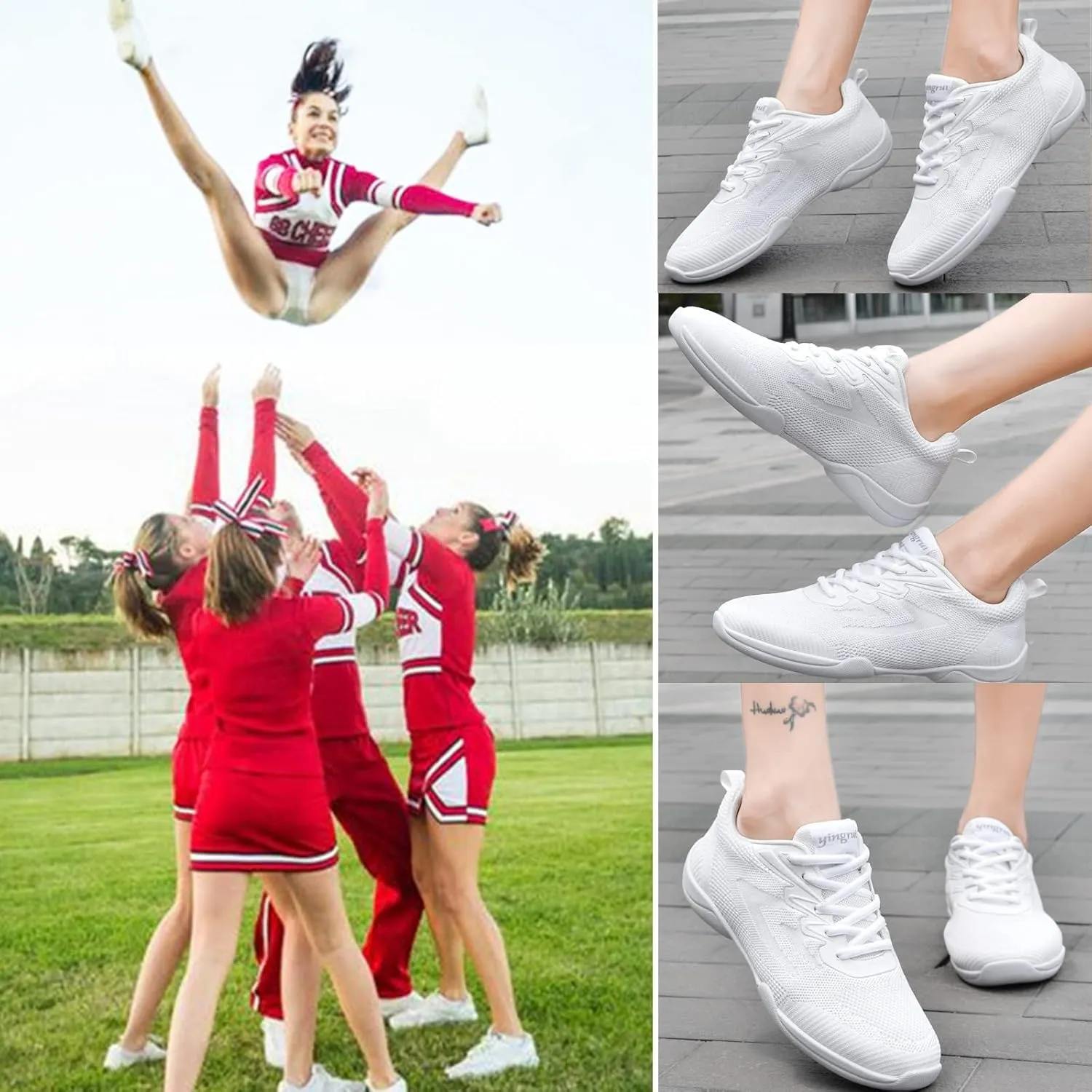 kkdom Adult & Youth White Cheerleading Shoes Lightweight Athletic Dance Training Competition Tennis Sneakers Cheer Shoes