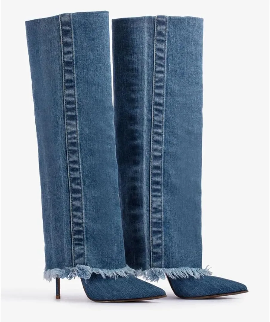 Knee High Boots for Women Fold Over Stiletto High Heel Tall Boots Pointed Toe Slip On Long Booties Fashion Comfortable Dress Shoes