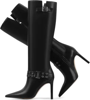Knee High Boots for Women Pointed Toe Tall Boots Sexy Buckle High Heel Boots Fashion Dress Heeled Boots Side Zipper Stiletto Long Boots