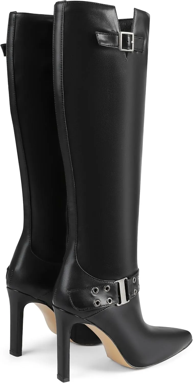 Knee High Boots for Women Pointed Toe Tall Boots Sexy Buckle High Heel Boots Fashion Dress Heeled Boots Side Zipper Stiletto Long Boots