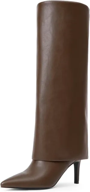 Knee High Boots Women Fold Over Boots Pointed Toe Stiletto Heel Tall Slouchy Boots Zipper Dress Long Shark Boots