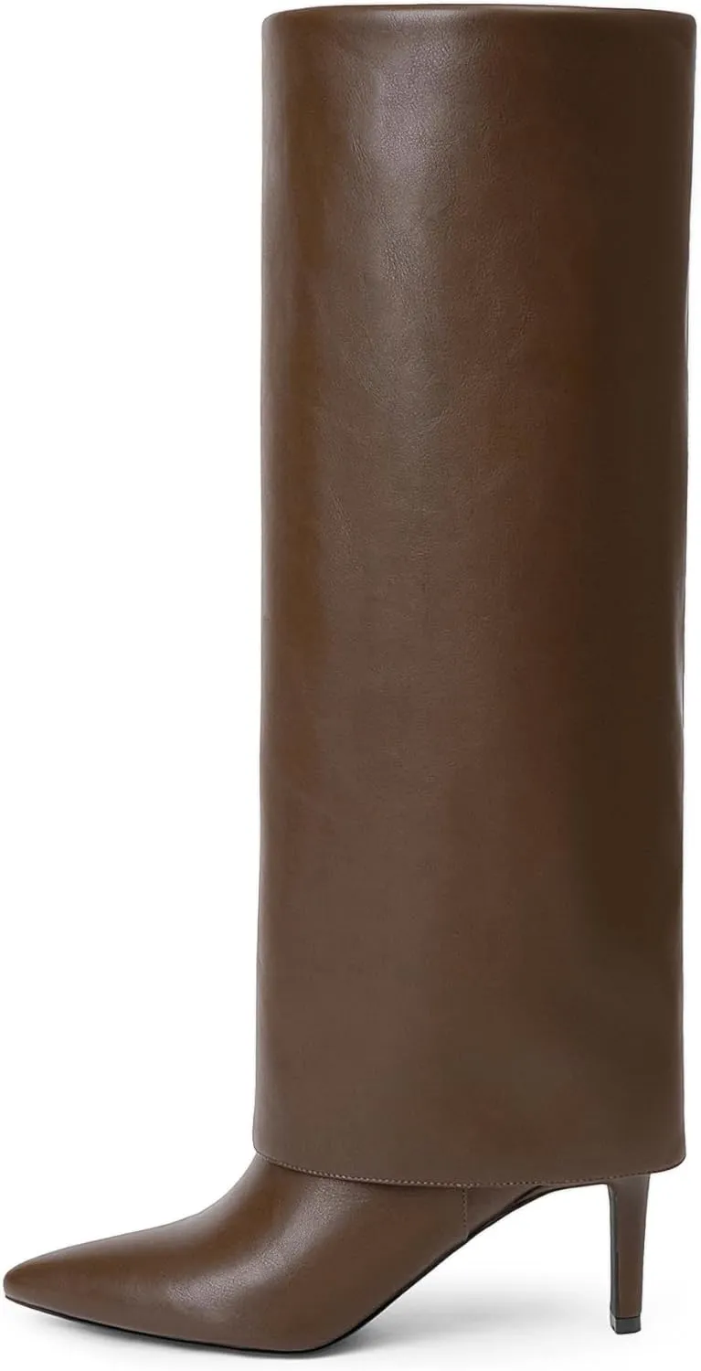 Knee High Boots Women Fold Over Boots Pointed Toe Stiletto Heel Tall Slouchy Boots Zipper Dress Long Shark Boots