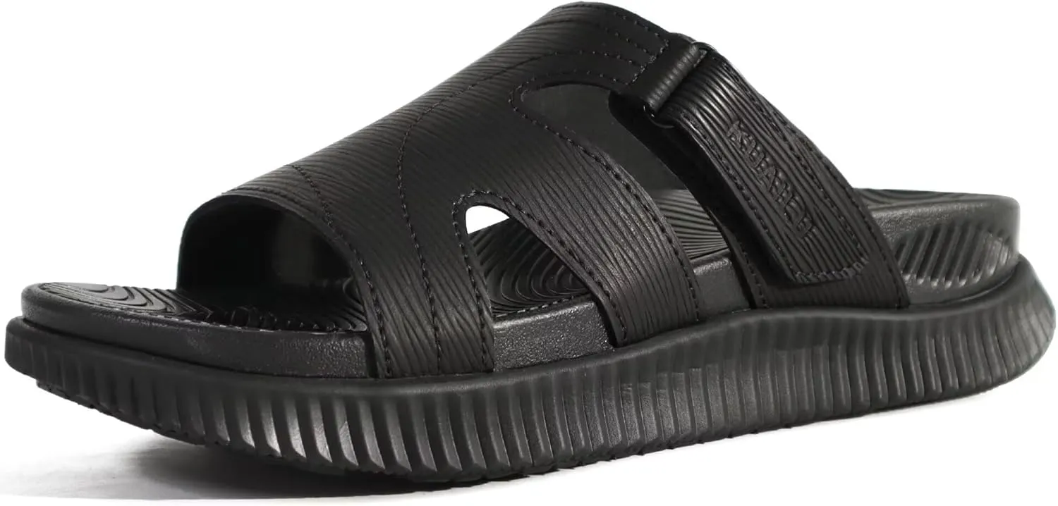 KuaiLu Womens Orthotic Slides Thick Athletic Cushion Recovery Sandals Open Toe Leather Strap Slip On Yoga Mat Ladies Sport Walking Sandles Comfortable Plantar Fasciitis Arch Support Black Size 9