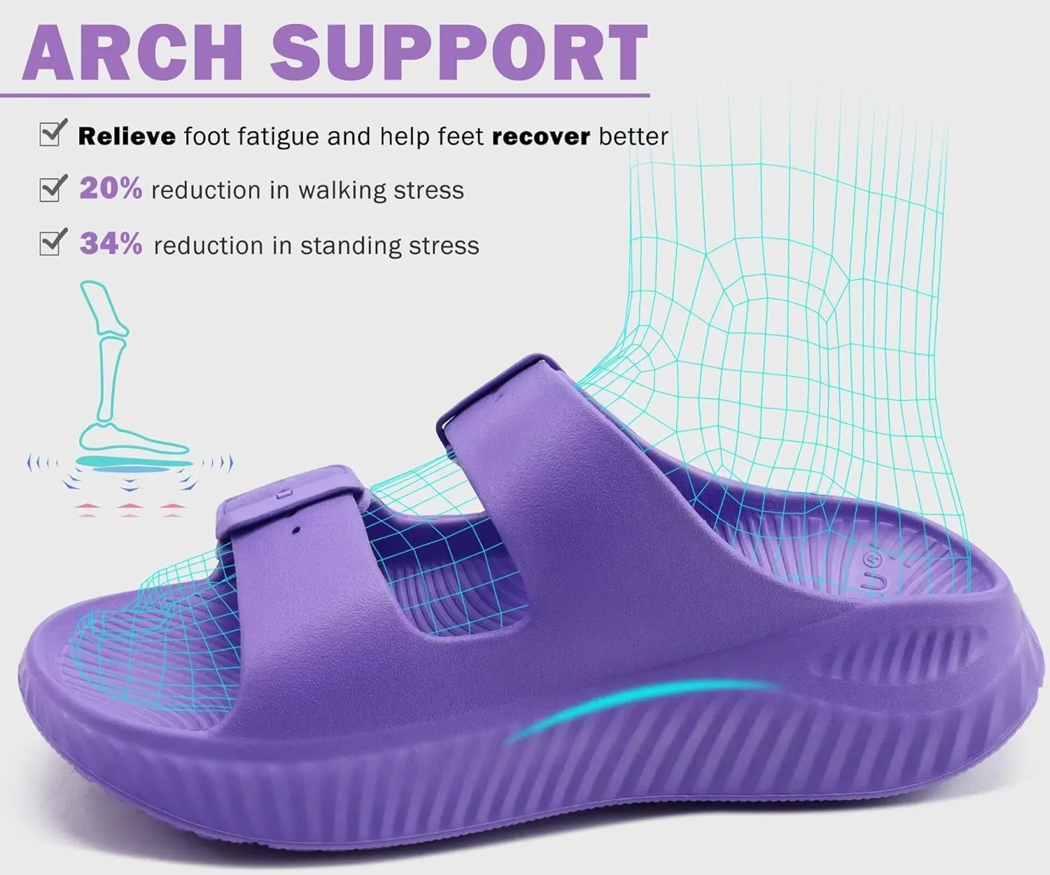 KuaiLu Womens Recovery Sandals With Comfortable Plantar Fasciitis Arch Support, Orthotic Adjustable Thick Cushion Sport Slides Reduces Stress on Feet, Joints & Back Post-Exercise