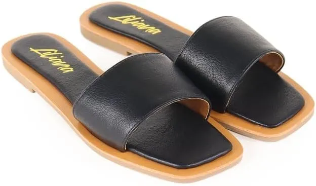 Liliana Women's Comfortable Slip-on Block Square Toe Flat Sandals with Cushioned Footbed - Perfect for Summer Beach Vacation Outfits, MINDEE-2