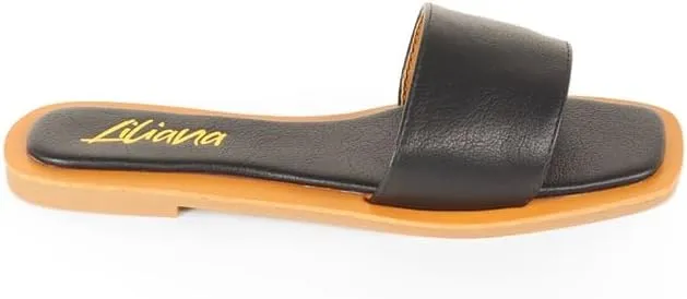 Liliana Women's Comfortable Slip-on Block Square Toe Flat Sandals with Cushioned Footbed - Perfect for Summer Beach Vacation Outfits, MINDEE-2