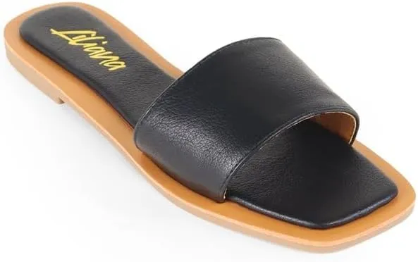 Liliana Women's Comfortable Slip-on Block Square Toe Flat Sandals with Cushioned Footbed - Perfect for Summer Beach Vacation Outfits, MINDEE-2