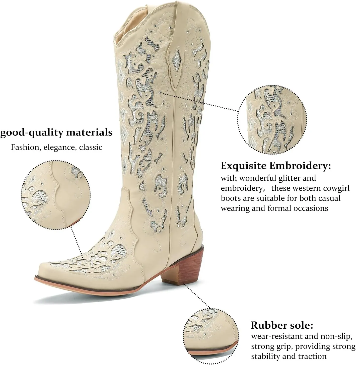 LingxiaUne Western Cowboy Boots with Wide Calf Cowgirl Boots Women Sparkly Rhinestone Wedding Boots Trendy Vintage Tall Glitter Boots with Embroidery and Chunky Heel for Daily Wearing|Office|Party