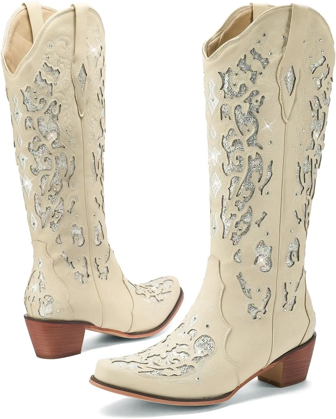 LingxiaUne Western Cowboy Boots with Wide Calf Cowgirl Boots Women Sparkly Rhinestone Wedding Boots Trendy Vintage Tall Glitter Boots with Embroidery and Chunky Heel for Daily Wearing|Office|Party