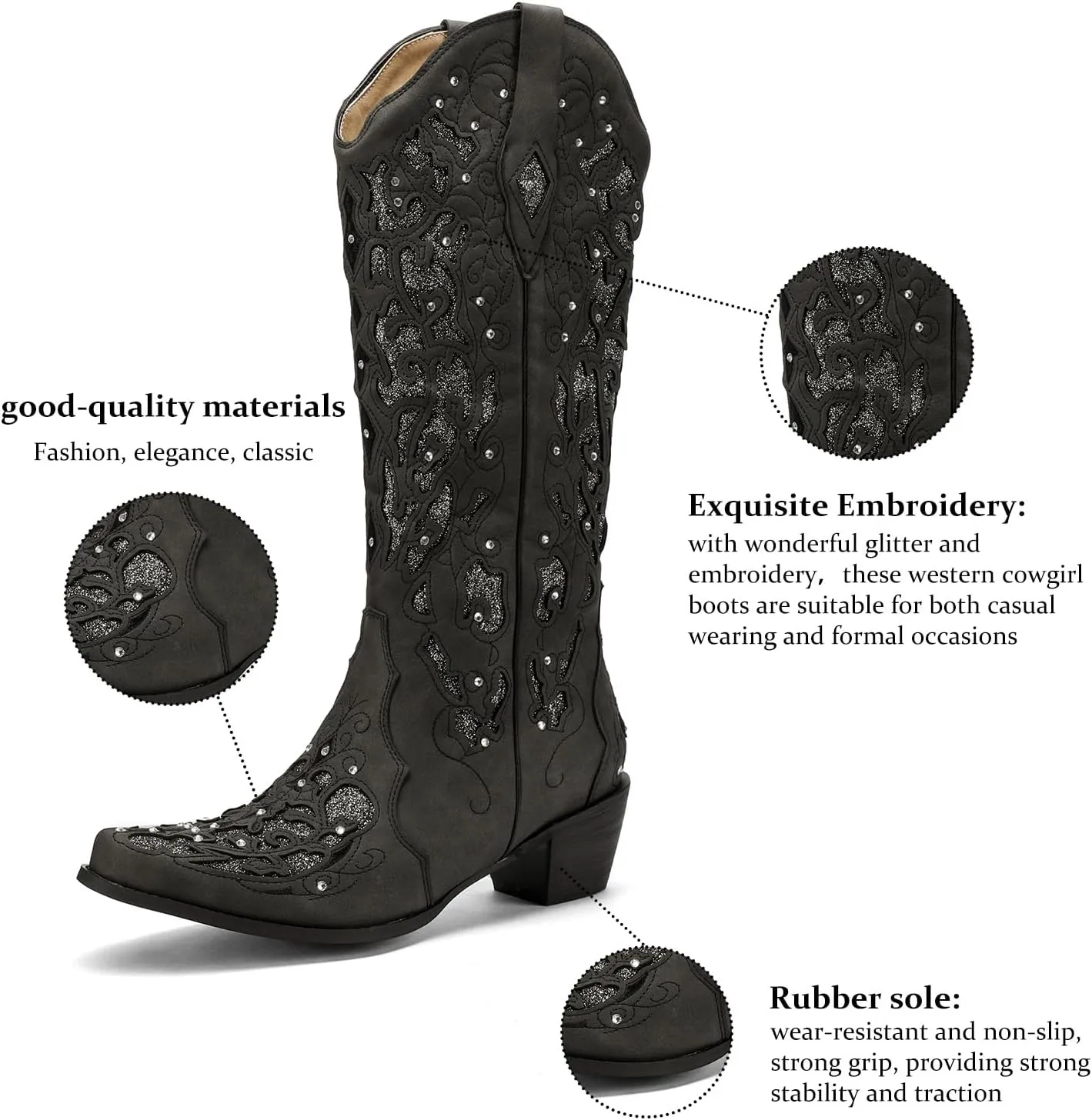 LingxiaUne Western Cowboy Boots with Wide Calf Cowgirl Boots Women Sparkly Rhinestone Wedding Boots Trendy Vintage Tall Glitter Boots with Embroidery and Chunky Heel for Daily Wearing|Office|Party