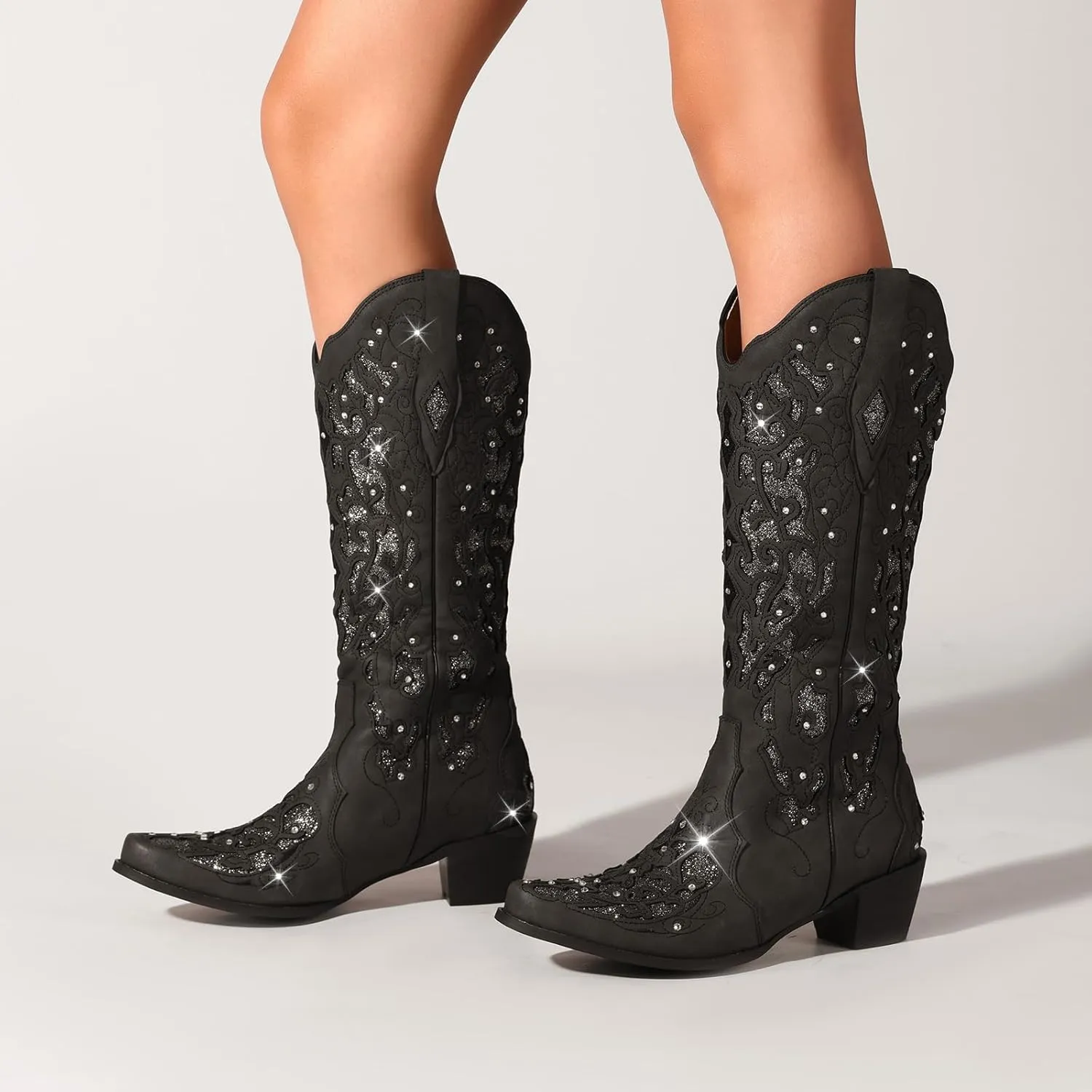 LingxiaUne Western Cowboy Boots with Wide Calf Cowgirl Boots Women Sparkly Rhinestone Wedding Boots Trendy Vintage Tall Glitter Boots with Embroidery and Chunky Heel for Daily Wearing|Office|Party