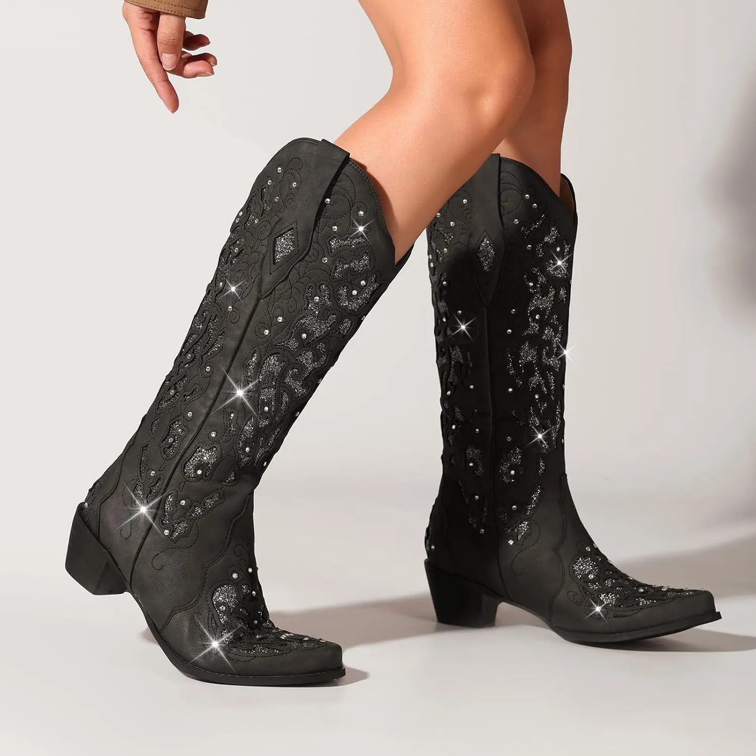 LingxiaUne Western Cowboy Boots with Wide Calf Cowgirl Boots Women Sparkly Rhinestone Wedding Boots Trendy Vintage Tall Glitter Boots with Embroidery and Chunky Heel for Daily Wearing|Office|Party
