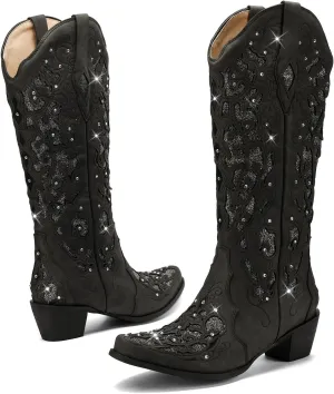 LingxiaUne Western Cowboy Boots with Wide Calf Cowgirl Boots Women Sparkly Rhinestone Wedding Boots Trendy Vintage Tall Glitter Boots with Embroidery and Chunky Heel for Daily Wearing|Office|Party