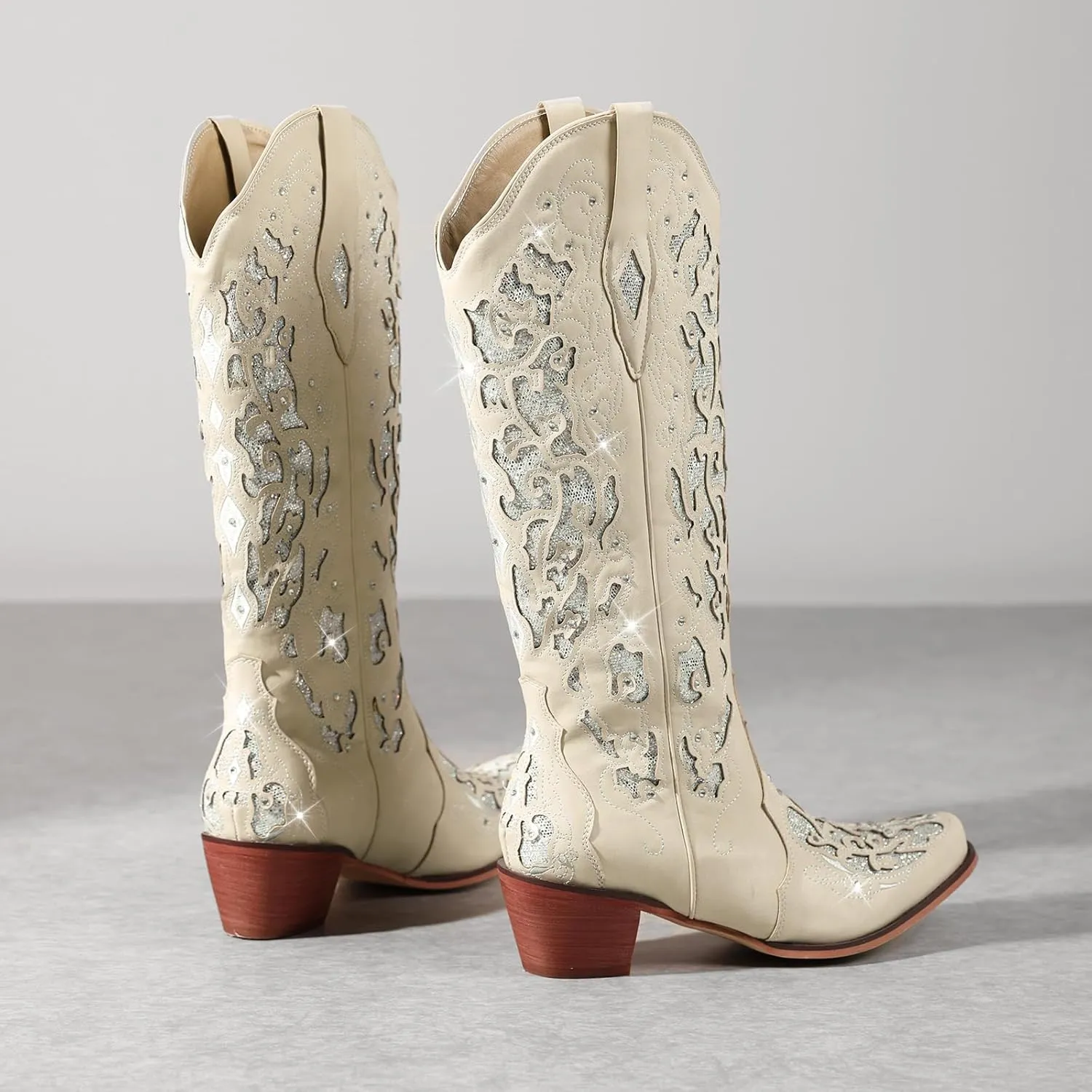 LingxiaUne Western Cowboy Boots with Wide Calf Cowgirl Boots Women Sparkly Rhinestone Wedding Boots Trendy Vintage Tall Glitter Boots with Embroidery and Chunky Heel for Daily Wearing|Office|Party