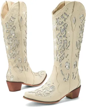 LingxiaUne Western Cowboy Boots with Wide Calf Cowgirl Boots Women Sparkly Rhinestone Wedding Boots Trendy Vintage Tall Glitter Boots with Embroidery and Chunky Heel for Daily Wearing|Office|Party