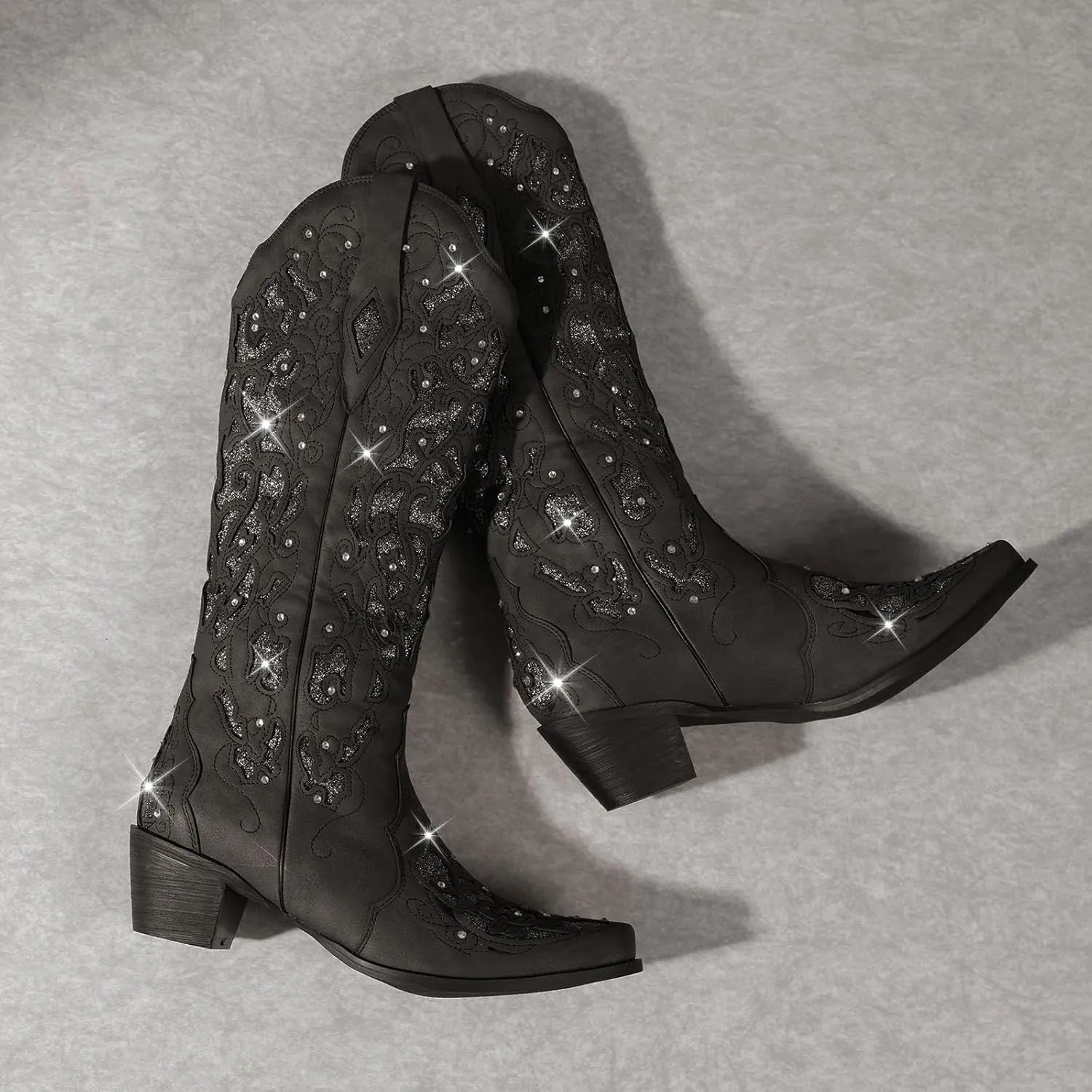 LingxiaUne Western Cowboy Boots with Wide Calf Cowgirl Boots Women Sparkly Rhinestone Wedding Boots Trendy Vintage Tall Glitter Boots with Embroidery and Chunky Heel for Daily Wearing|Office|Party