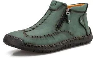Men's Casual Leather Loafers Fashion Comfortable Chelsea Boots Hand Stitched Slip On Mid-top Shoes Green 9
