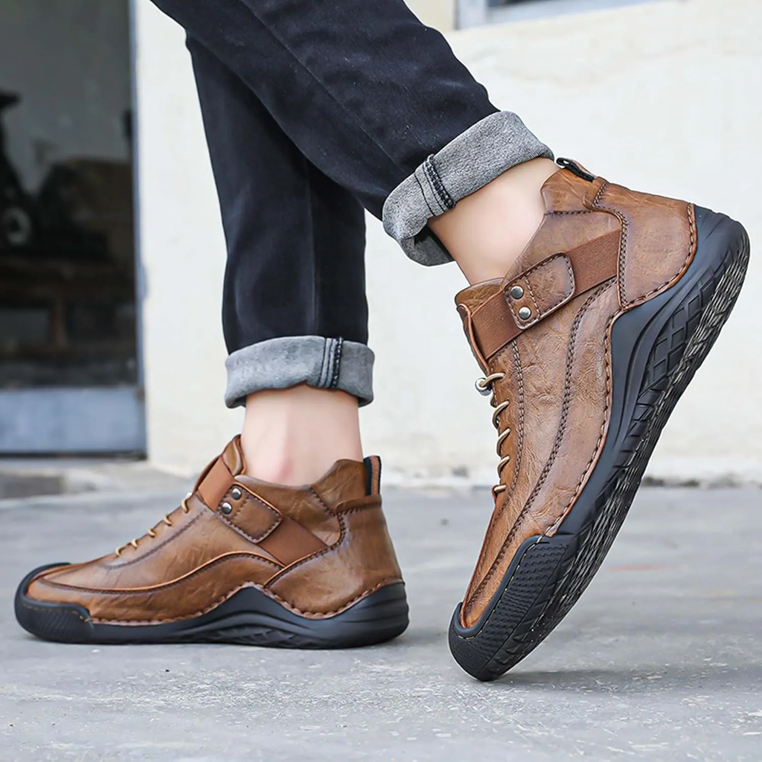 Men's Casual Loafers-Vintage Hand-stitched Leather Shoes-Classic Lace-up Business Office Shoes-Breathable Anti-slip Casual Walking Shoes-Outdoor Sports Shoes