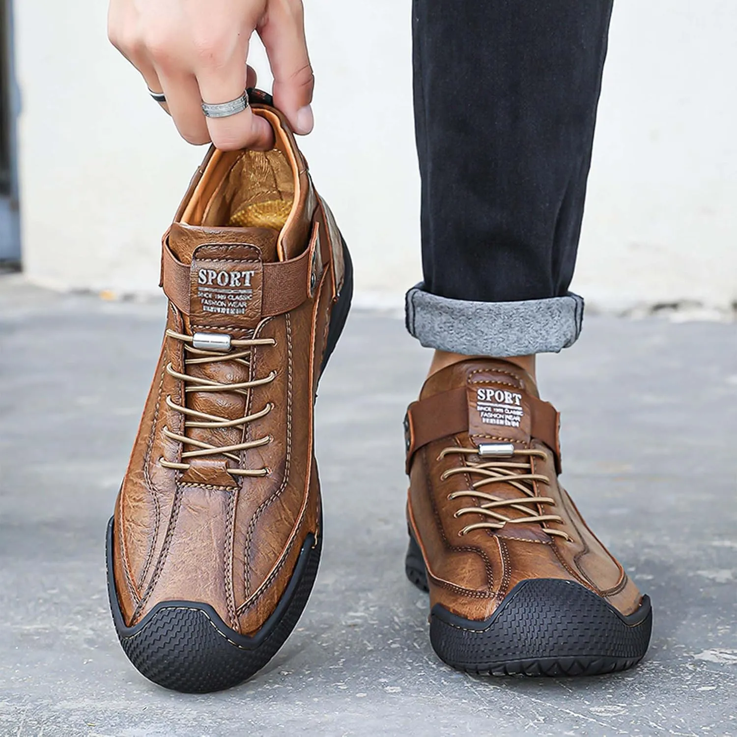 Men's Casual Loafers-Vintage Hand-stitched Leather Shoes-Classic Lace-up Business Office Shoes-Breathable Anti-slip Casual Walking Shoes-Outdoor Sports Shoes