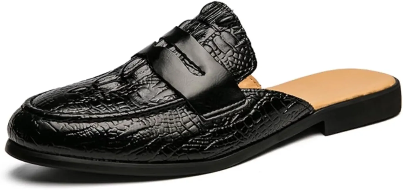 Mens Leather Slip On Mules Sandals Lightweight Retro Smoking Slippers Casual Wingtip Backless Flat Half Loafers for Formal Business Dress