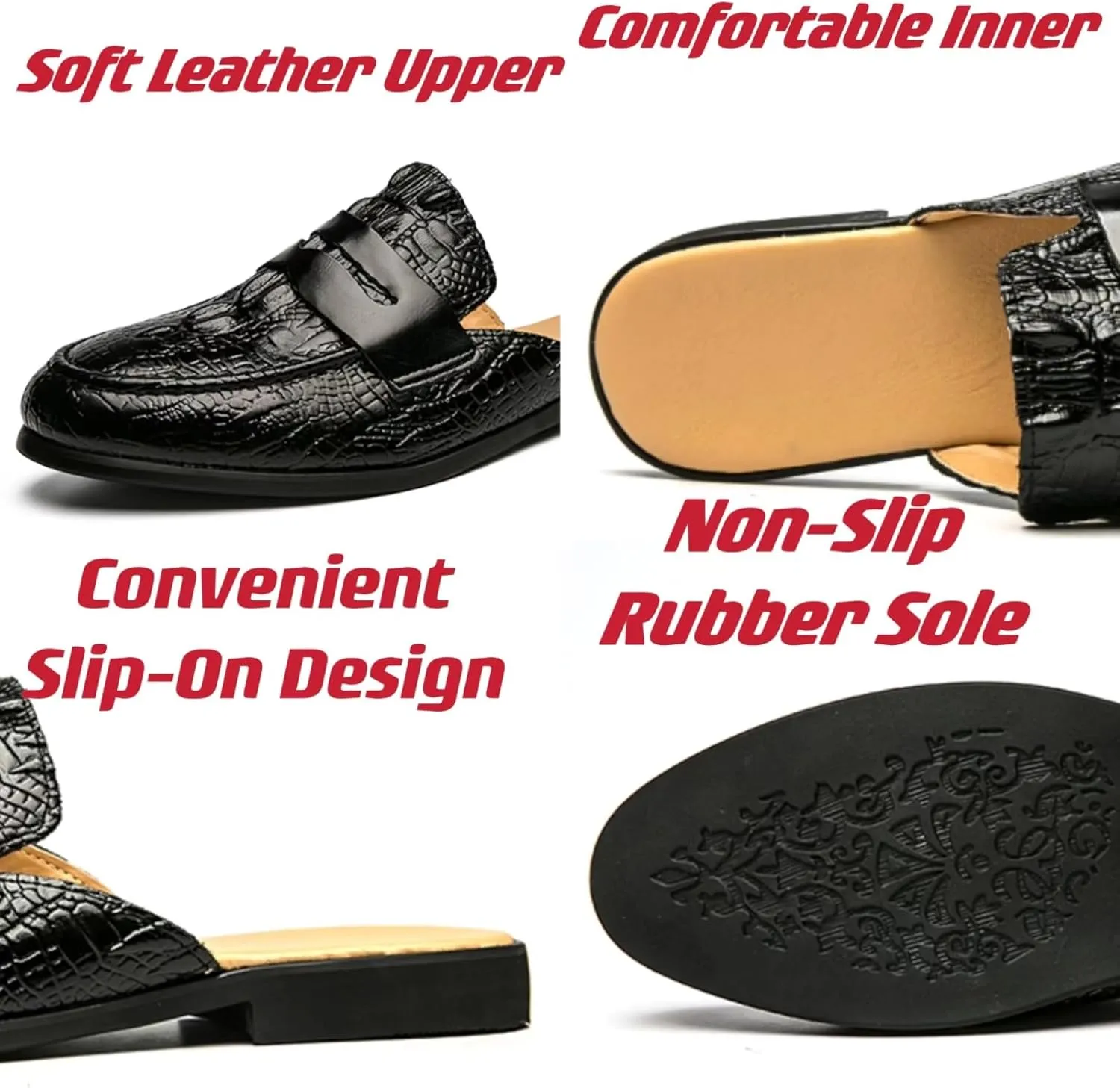 Mens Leather Slip On Mules Sandals Lightweight Retro Smoking Slippers Casual Wingtip Backless Flat Half Loafers for Formal Business Dress