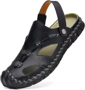 Mens Sandals Leather Closed Toe Outdoor Summer Anti-Slip Beach Sandals
