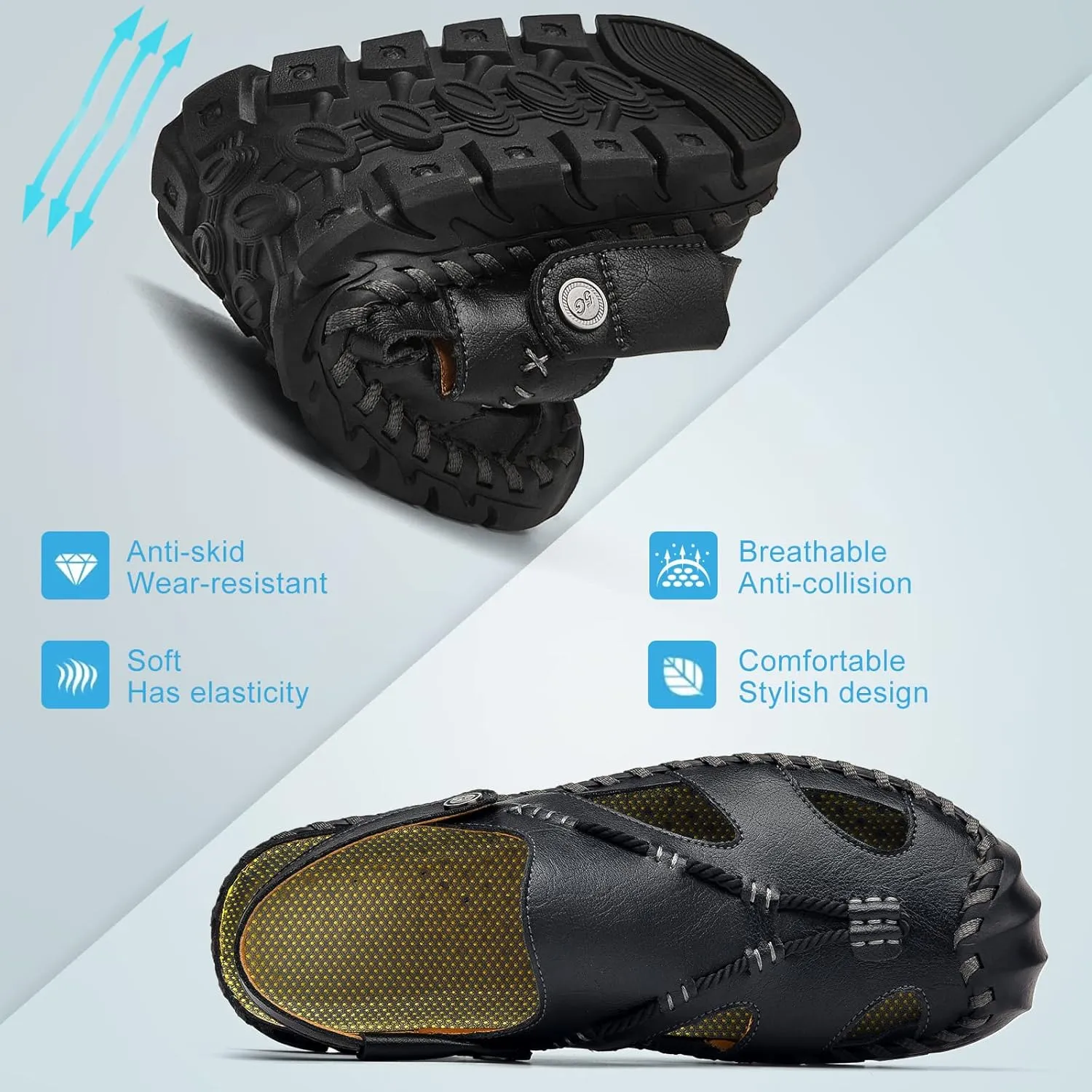 Mens Sandals Leather Closed Toe Outdoor Summer Anti-Slip Beach Sandals