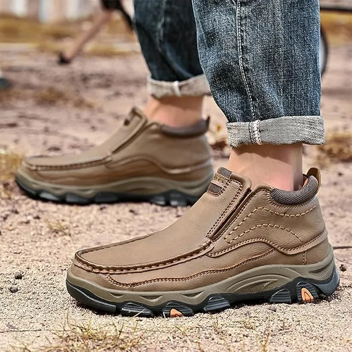 Mens Slip Leather Casual Walking Shoes Comfortable and Classic Outdoor Moccasin Boots Non-Slip Casual Hiking Boots