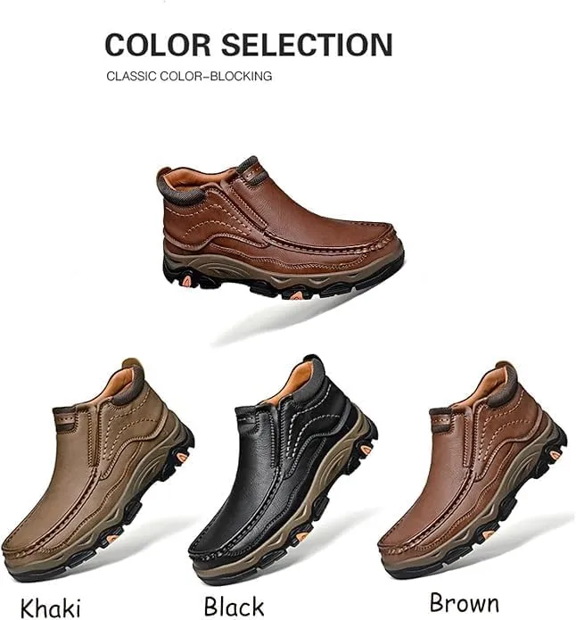 Mens Slip Leather Casual Walking Shoes Comfortable and Classic Outdoor Moccasin Boots Non-Slip Casual Hiking Boots