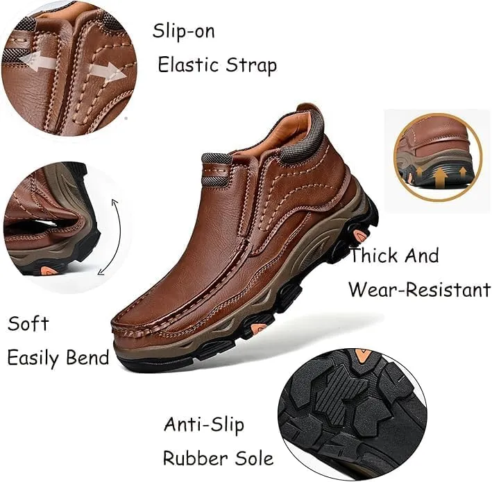 Mens Slip Leather Casual Walking Shoes Comfortable and Classic Outdoor Moccasin Boots Non-Slip Casual Hiking Boots