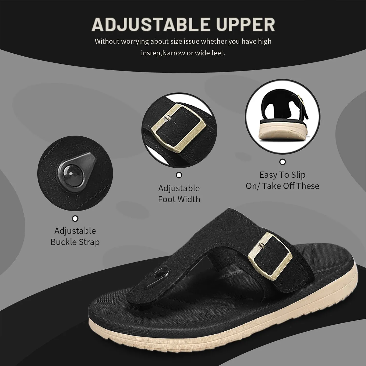 Mens Thong Sandals Adjustable Buckles Open Toe Summer Beach Flip Flops for Men, Soft Cushion Arch Support